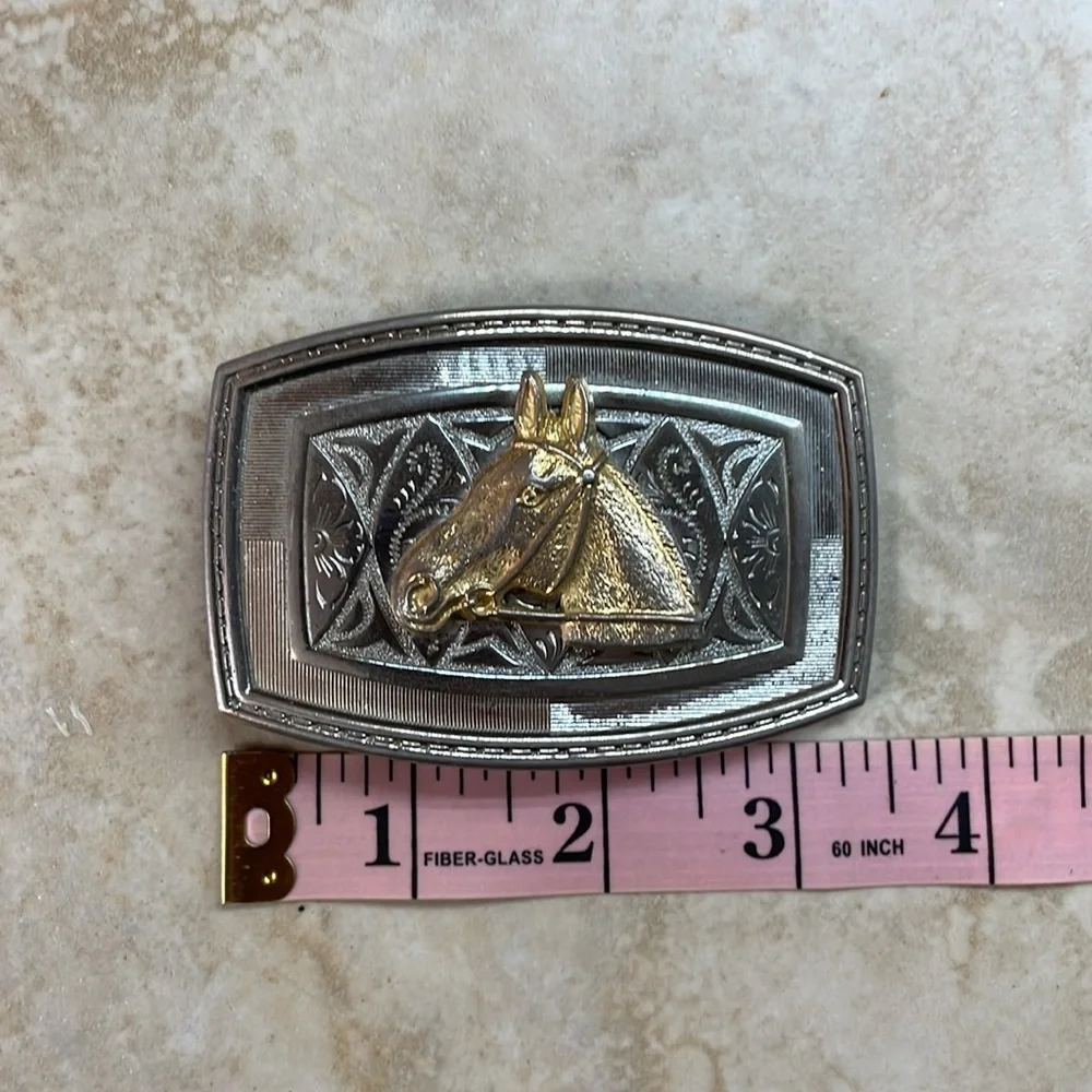 Western Belt Buckle Horse Head Cowboy Girl Gold Accent Silver Tone Rodeo